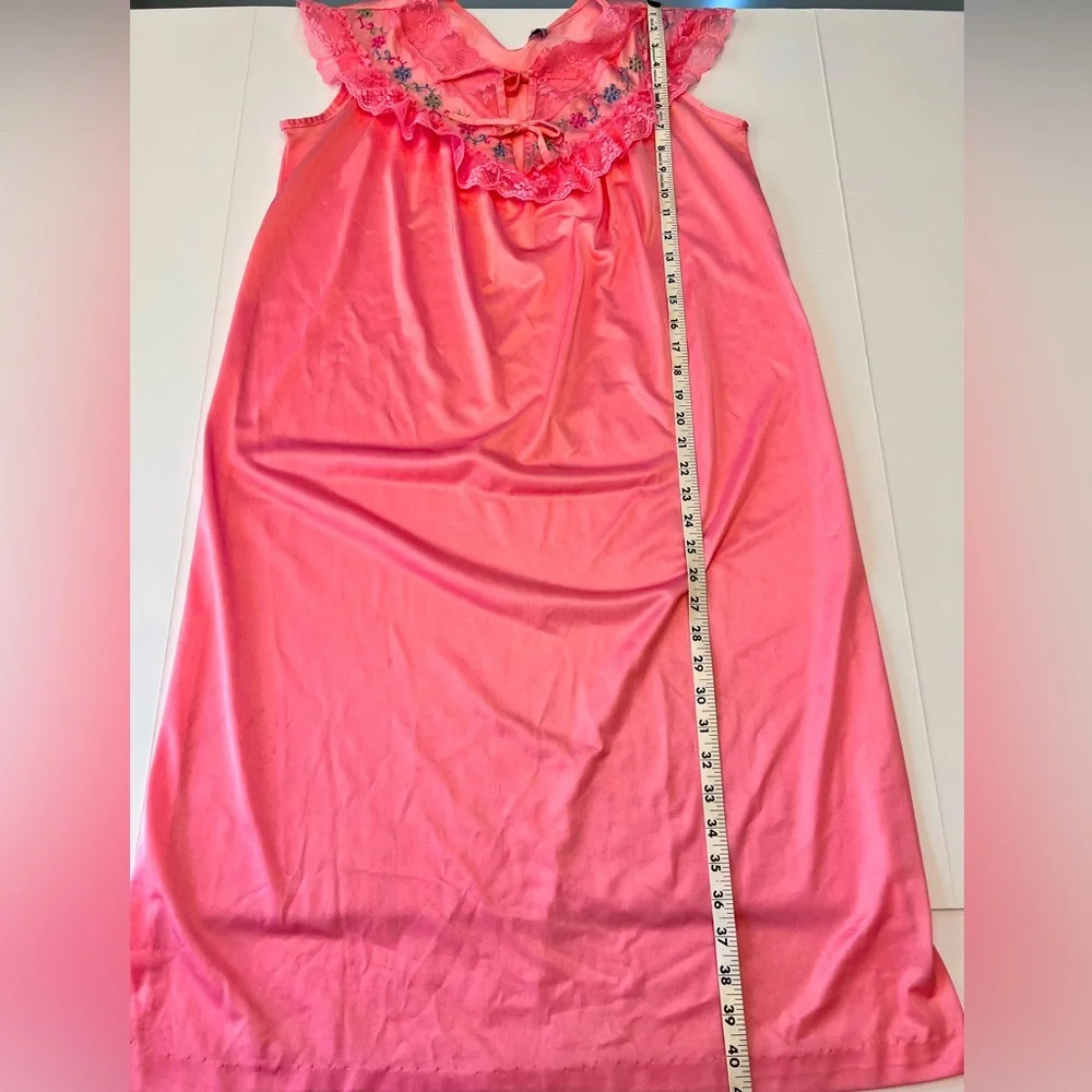 Beautiful Vintage Vivid Coral Nylon and Lace Nightgown by Bernette.  Size = M